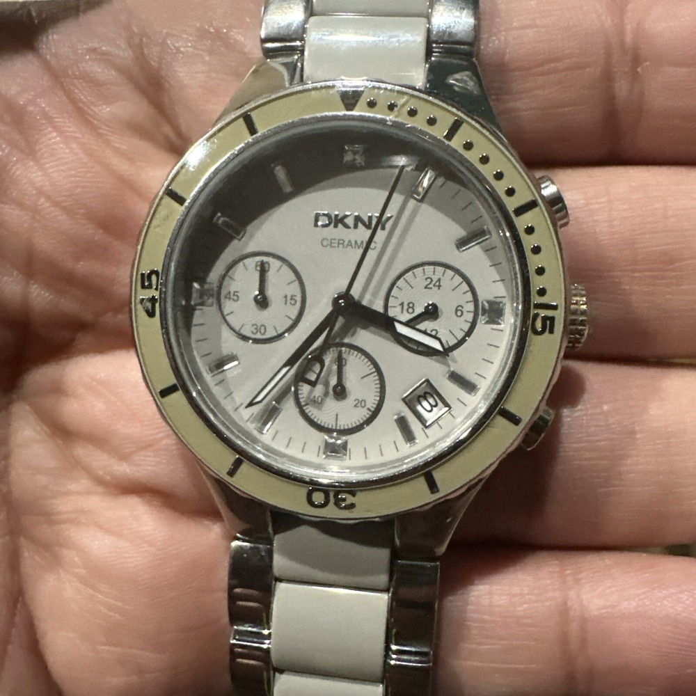 *RUNNING DKNY CERAMIC CHRONOGRAPH GREY/SILVER WOMENS STEEL WATCH 111204 - 37.5mm